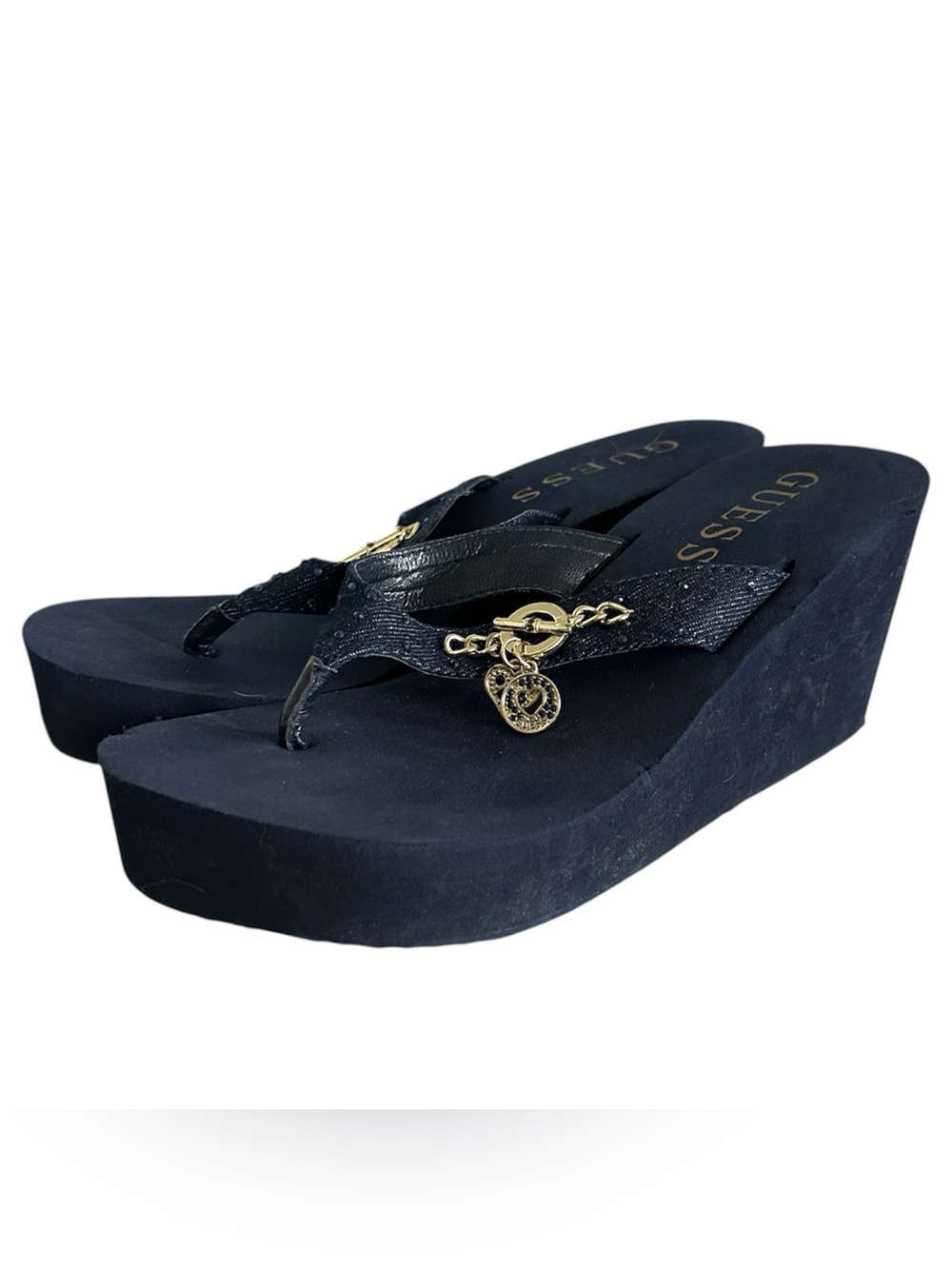 Y2K “GUESS” Navy Blue and Gold Wedge Flip Flop Sandals